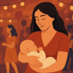 Mother holding baby with educational graphics about alcohol and breastfeeding myths versus facts