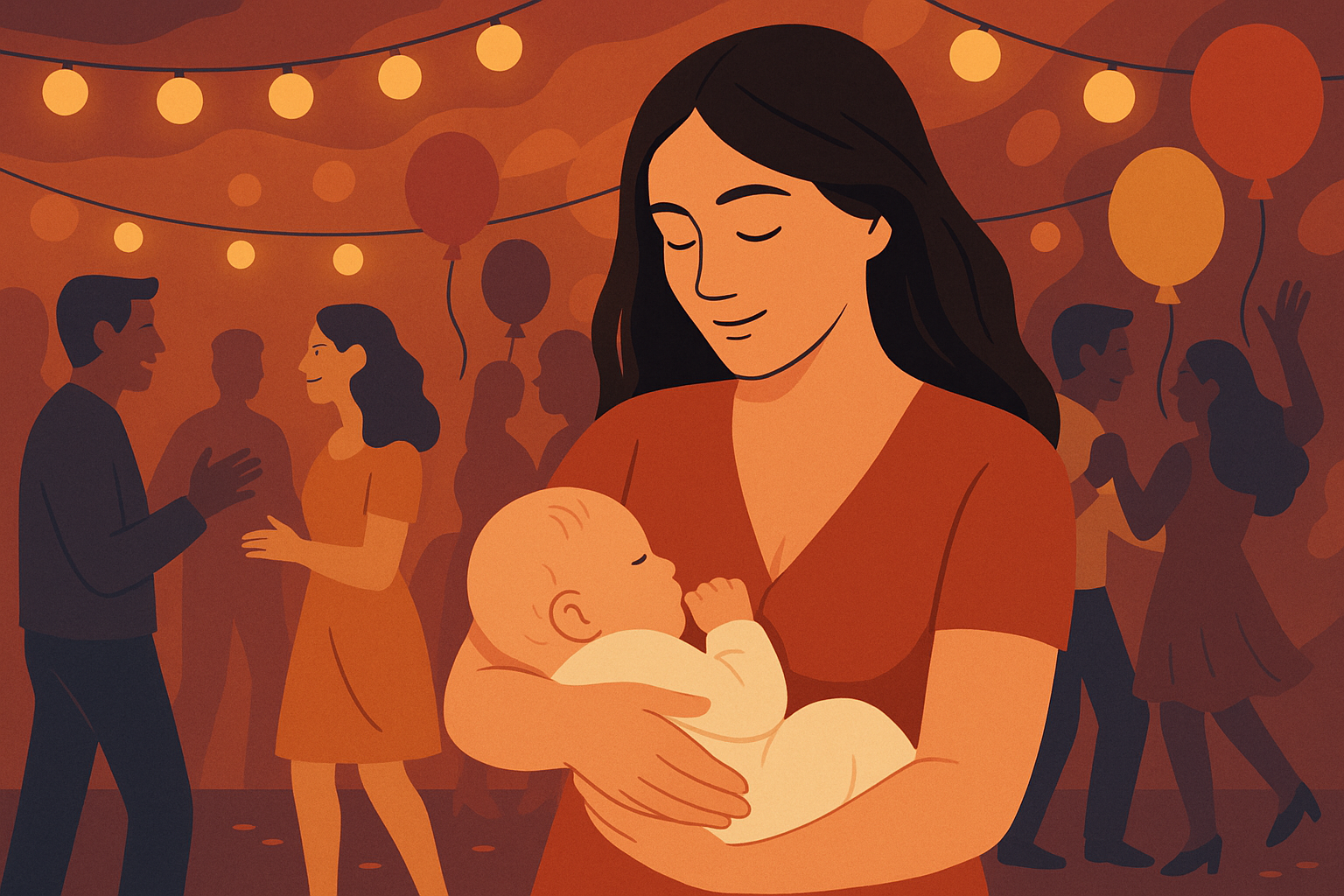 Mother holding baby with educational graphics about alcohol and breastfeeding myths versus facts