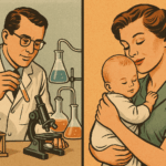 Split image showing a nursing mother on one side and a wine glass with question mark on the other, representing the decision about alcohol consumption while breastfeeding