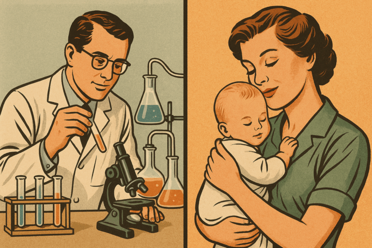 Split image showing a nursing mother on one side and a wine glass with question mark on the other, representing the decision about alcohol consumption while breastfeeding